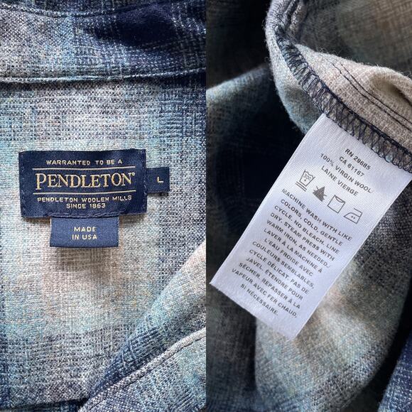 Pendleton Made in USA Wool Blue Plaid Button Up Mens Shirt Sz L Lodge One Pocket - Picture 12 of 12